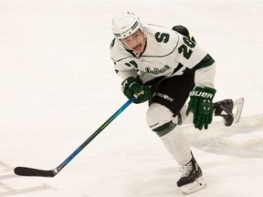 The University of Saskatchewan Huskies' Aiden Bulych competes against the University of Regina Cougars in Canada West men's hockey with no fans allowed at Merlis Belsher Place. Photo taken in Saskatoon on Saturday, January 15, 2022.