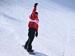 Regina snowboarder Mark McMorris reacts to Monday's bronze-medal-winning run at the 2022 Winter Olympics.