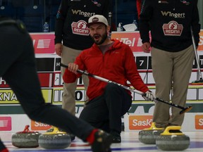 Josh Heidt of Kerrobert calls his sweepers during Thursday morning's draw at the SaskTel Tankard Saskatchewan men's curling championship in Whitewood.