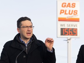Pierre Poilievre, who is running for the leadership of the federal Conservative Party, delivers comments and answers questionsin front of a gas station in Saskatoon on Wednesday, March 2, 2022.