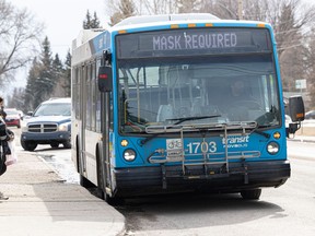 A Saskatoon transit bus reads "mask required"on March 25, 2022.