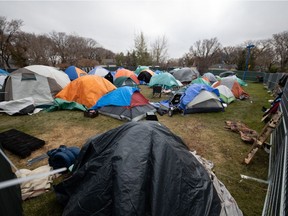 Camp Marjorie (now Camp Hope), a tent encampment housing homeless people, is seen in Pepsi Park in Regina, Saskatchewan on Oct. 25, 2021. Government critics blamed shortcomings in SIS for some people needing the camp.
