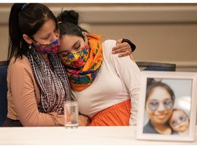 Kyla Frenchman, mother of baby Tanner Brass, is comforted by her sister during a FSIN joint press conference calling for an immediate independent investigation and Coroner's Inquest into the recent death of baby Tanner Brass in Price Albert on Feb. 11, 2022. Photo taken in Saskatoon, Sask. on Wednesday, March 2, 2022.