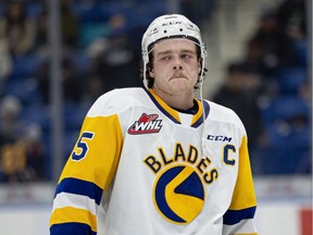 Saskatoon Blades' captain Aidan De La Gorgendiere reacts after losing 1-0 to the Prince Albert Raiders at SaskTel Centre. Photo taken in Saskatoon on Saturday, March 12, 2022.