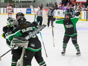 University of Saskatchewan Huskies celebrate a 2-0 win over the University of New Brunswick Varsity Reds in the bronze-medal game Sunday at the 2022 U Sports women's hockey championship at Charlottetown, P.E.I. March 27, 2022. (Mike Needham/U Sports)