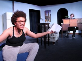 Mikala Henderson as Dahlia and Gareth Nicol as Preston in Mini Fridge Theatre's production of Hate Mail by Bill Corbett and Kira Obolensky.