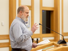 Chris Gilchrist, Saskatoon SPCA board chair, addresses city council's planning, development and community services committee on April 12, 2022.
