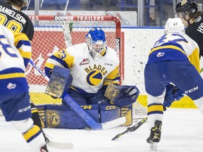 Nolan Maier made 35 saves for the Blades to earn the game's No. 1 star honour on Friday night with a 2-1 victory over the visiting Brandon Wheat Kings.