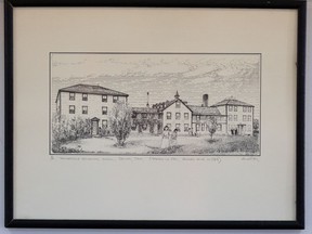 A drawing of the Delmas residential school, which burned to the ground in 1948, hangs in the Delmas community hall. Photo taken in Delmas, SK on Saturday, July 17, 2021.