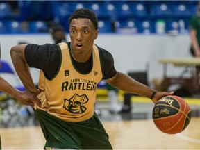 Devonte Bandoo looks for a path past the defence at the Saskatchewan Rattlers' CEBL training camp in Saskatoon on June 22, 2021.
