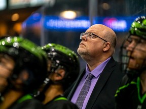 Saskatchewan Rush head coach Jeff McComb looks on during a stoppage of play at the second quarter of National Lacrosse League action at Sasktel Centre in Saskatoon, SK on Saturday, December 11, 2021.