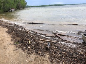 Before 2019, campers at Nesslin Lake used to enjoy a beach and clear water. After a beaver dam was removed during road repairs that summer, the beach was almost entirely washed out. (Provided: Samantha Lissinna)