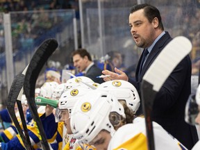 Saskatoon Blades' head coach Brennan Sonne during first period action against the Prince Albert Raiders at SaskTel Centre. Photo taken in Saskatoon on Friday, April 8, 2022.