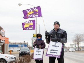 SEIU-West members rally outside of the Canadian Blood Services headquarters on Emerson Avenue in Saskatoon.