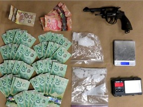 Items seized by police after searching a home in the 400 block Keely Way on April 22, 2022. Investigators located 126.9 grams of crystal methamphetamine, approximately $1200 in cash, a revolver, a cell phone and drug paraphernalia.