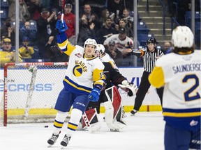 Saskatoon Blades forward Egor Sidorov (19) celebrates his goal against the Moose Jaw Warriors during first-period WHL playoff action in Saskatoon on Wednesday, April 27, 2022.