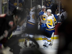 The Saskatoon Blades celebrate a goal during third-period WHL playoff action. The Saskatoon Blades defeated the Moose Jaw Warriors 5-3 in game 4 of the series in Saskatoon on Wednesday, April 27, 2022.