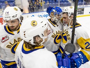 Saskatoon Blades goalie Nolan Maier (73) and Saskatoon Blades defenceman Tanner Molendyk (24) are shown here celebrating after a 5-3 win over the Moose Jaw Warriors in Game 4 of their series in Saskatoon on Wednesday, April 27, 2022. On Friday, the Blades were eliminated from the playoffs with a 6-3 loss in Moose Jaw.