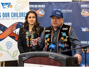 Métis Nation—Saskatchewan President Glen McCallum, right, speaks to media at an early learning conference hosted by the Métis Nation—Saskatchewan in Saskatoon on Friday, April 29, 2022.