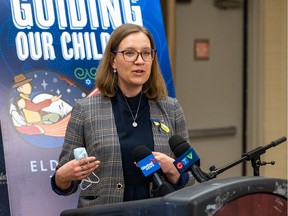 Federal minister Karina Gould speaks to media at an early learning conference hosted by the Métis Nation Saskatchewan in Saskatoon, SK on Friday, April 29, 2022.