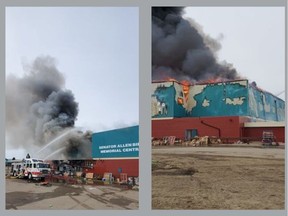A large fire destroyed Senator Allen Bird Memorial Centre in Prince Albert, SK, on Friday April 15, 2022.