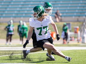 University of Regina Rams receiver Riley Boersma, 77, earned recognition as Murray's Monster for a strong performance on the opening day of the Saskatchewan Roughriders' rookie camp.