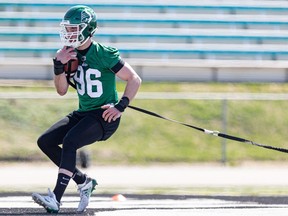 Saskatchewan Roughriders defensive lineman Nicholas Dheilly runs through drills at the University of Saskatchewan on Thursday. Dheilly was a member of the U of S Huskies when the Riders held their training camp at Griffiths Stadium in 2019.