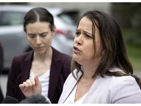 Dr. Mylène Drouin and Dr. Geneviève Bergeron, left, brief the media about suspected monkeypox cases in Montreal on May 19, 2022.
