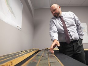 Foran Mining Corporation Exploration Manager Terry Croteau shows off core samples taken from around the site of the company's McIlvenna Bay copper mine development in northeastern Saskatchewan.