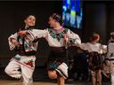 Members of the Rushnychok Ukrainian Folk-Dance group perform at a fundraiser for Saskatoon's Ukrainian sister city, Chernivtsi on Wednesday, May 4, 2022.