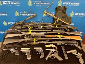 Weapons seized by Saskatoon police as part of Project Greyhound, an eight-month investigation into the trafficking of firearms and drugs.