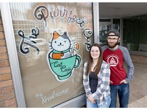 Sydney Sylvester and Casey Satlowski opened Saskatoon's first cat cafe downtown at the beginning of May. Beyond serving coffees, teas and treats, patrons have the option to visit cats from the Battlefords Humane Society that are also available for adoption. Photo taken in Saskatoon, Sask. on Friday May 6, 2022.