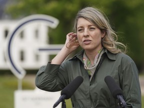 Melanie Joly, Foreign Minister of Canada, addresses the media during a statement as part of the meeting of foreign ministers of the G7 Group of leading democratic economic powers at the Weissenhaus resort in Weissenhaeuser Strand, Germany, Saturday, May 14, 2022.&ampnbsp;Foreign Minister Melanie Joly says Canada is prepared to send ships to help Ukraine export its wheat to the developing world.