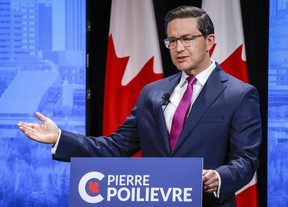 Candidate Pierre Poilievre makes a point at the Conservative Party of Canada English leadership debate in Edmonton Wednesday, May 11, 2022.