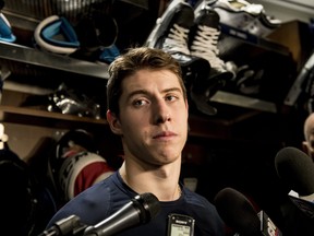 Maple Leafs' Mitch Marner speaks to reporters after a locker clean-out at the Scotiabank Arena in Toronto, on Thursday, April 25, 2019.