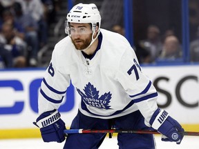 Toronto Maple Leafs defenceman T.J. Brodie of Dresden looks on against the Tampa Bay Lightning during the third period of Game 3 in their first-round playoff series at Amalie Arena.