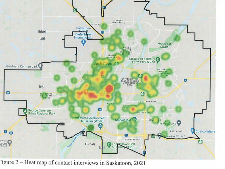  A heat map of Saskatoon police contact interviews in 2021, from annual report on May 2022 Saskatoon Board of Police Commissioners agenda.