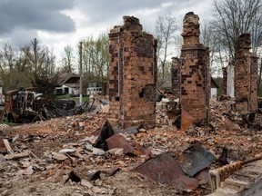 A destroyed hospital building in Novyi Bykiv, Ukraine, April 26, 2022.