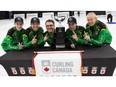 Matthew Drewitz (left), Michael Hom, Carter Parenteau, Jared Tessier and coach Dale Neufeld of Saskatoon Nutana are national champions. Photo by Robert Wilson/Curling Canada