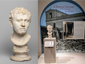 This Roman bust (left) found in a Goodwill store in Texas — Portrait of a man (Roman, late 1st century B.C.- early 1st century A.D., Marble) — has been lent to San Antonio Museum of Art by the Bavarian Administration of State-Owned Palaces, Gardens and Lakes and is on display at San Antonio Museum of Art (right).
