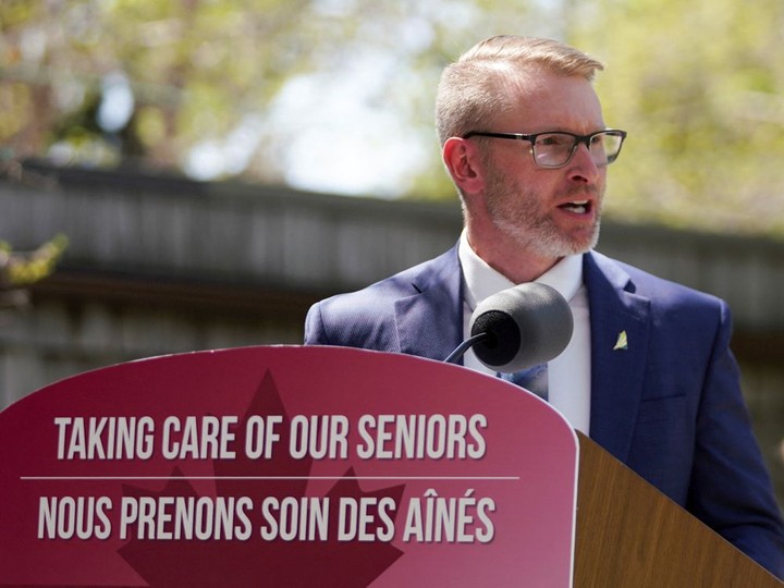  Saskatchewan Minister of Mental Health and Addictions, Seniors, and Rural and Remote Health Everett Hindley speaks during a media event at St. Ann’s Senior Citizens’ Village Corporation in Saskatoon, Saskatchewan, Canada May 25, 2022.