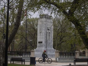 The Regina cenotaph in Victoria Park was first unveiled in 1926 to honour soldiers killed in combat in the First World War, later rededicated in 1990 to include those who fought in the Second World War and Korean War, and again in 2018 for the South African War and combat in Afghanistan.