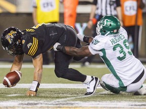The Saskatchewan Roughriders are hoping that Charleston Hughes, shown sacking Hamilton Tiger-Cats quarterback Jeremiah Masoli in 2018, has plenty left in the tank at age 38.