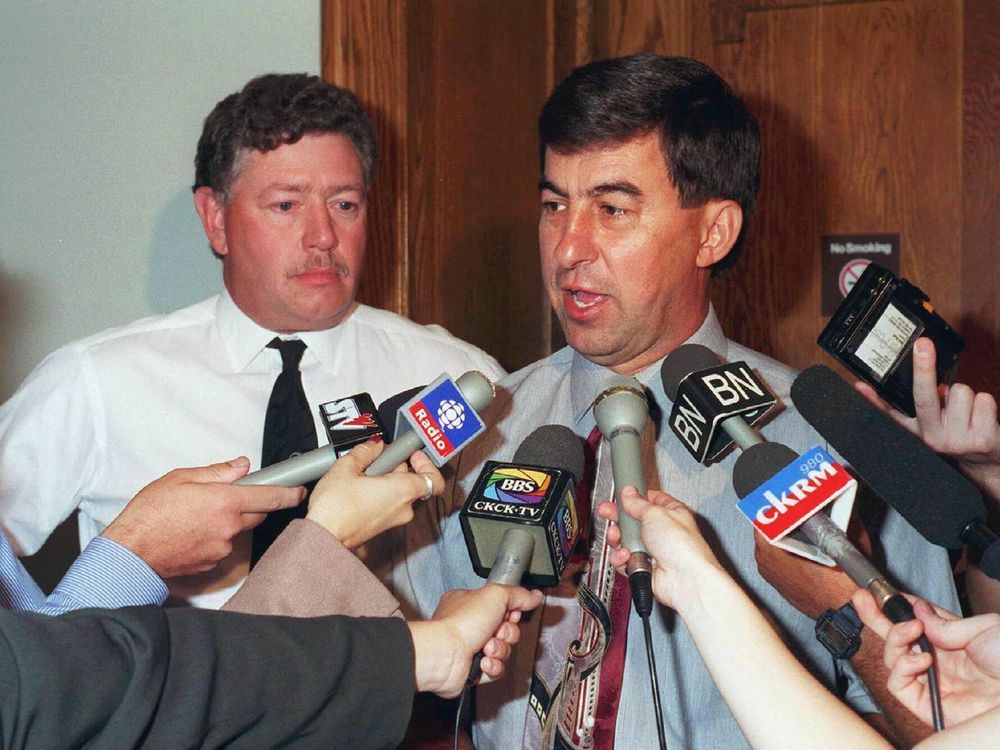 The Saskatchewan Party's first leader Ken    Krawetz (right) and new deputy leader Dan D'Aurtemont field questions at a news conference after their appointments in Regina, Sask., in August of 1997. (CP PHOTO)