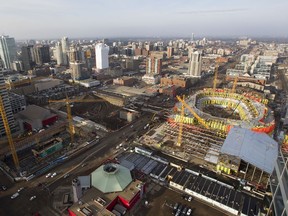 Edmonton's new skyline takes shape in this March 2015 photo during construction of the new downtown arena Rogers Place in Edmonton, Alta.