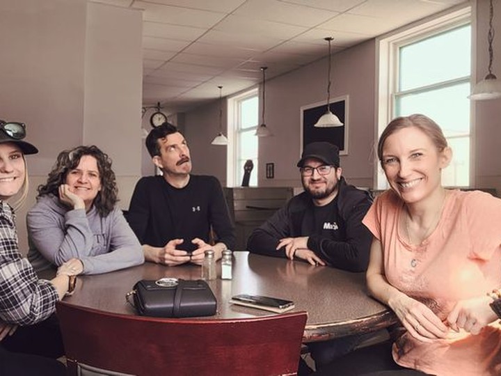  The team behind Sting. (L to R): Dominique Gareau (stage manager), Cara Stelmaschuk (Woman), Ian Dickson (Dad, sound designer), Craig Langlois (lighting designer, tech director), Adreanna Boucher (Mom, playwright, producer).