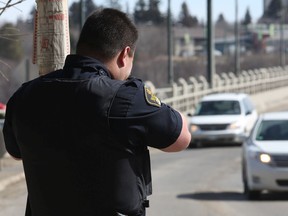 Saskatoon police try to catch speeders at the bottom of the University Bridge in this April 2014 photo.