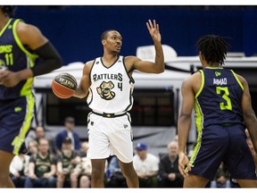 Saskatchewan Rattlers guard Tony Carr looks for a pass during first quarter CEBL action against the Niagara River Lions in Saskatoon on Wednesday, May 25, 2022.