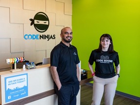 Code Ninjas owner Sanjay Parekh, left, and assistant centre director Kara Leier. Code Ninjas is a place where kids can learn to code by building their own video games.