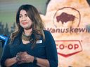 Wanuskewin CEO Darlene Brander speaks during an announcement of a partnership between Wanuskewin Heritage Park and Federated Co-operative Limited in Saskatoon on Tuesday, June 14, 2022.